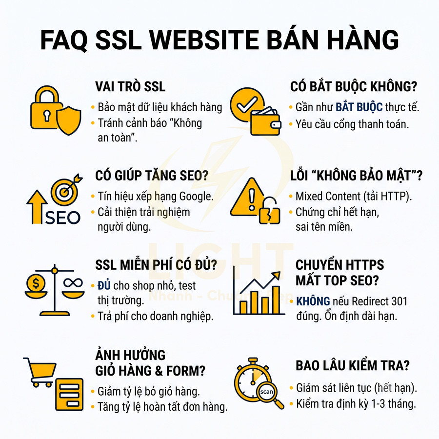 FAQ SSL cho website bán hàng giải thích vai trò, lợi ích SEO, lỗi không bảo mật và chuyển HTTPS