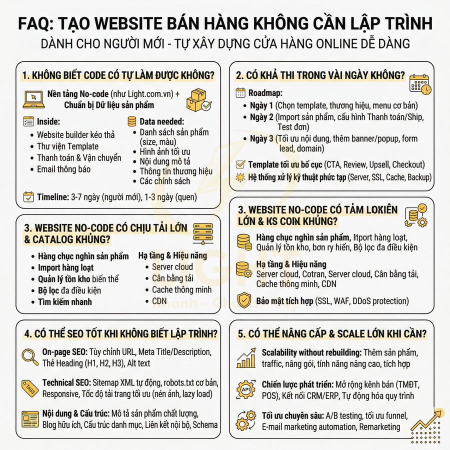 FAQ hướng dẫn tạo website bán hàng no code cho người mới với các bước, tính năng và lợi ích chi tiết