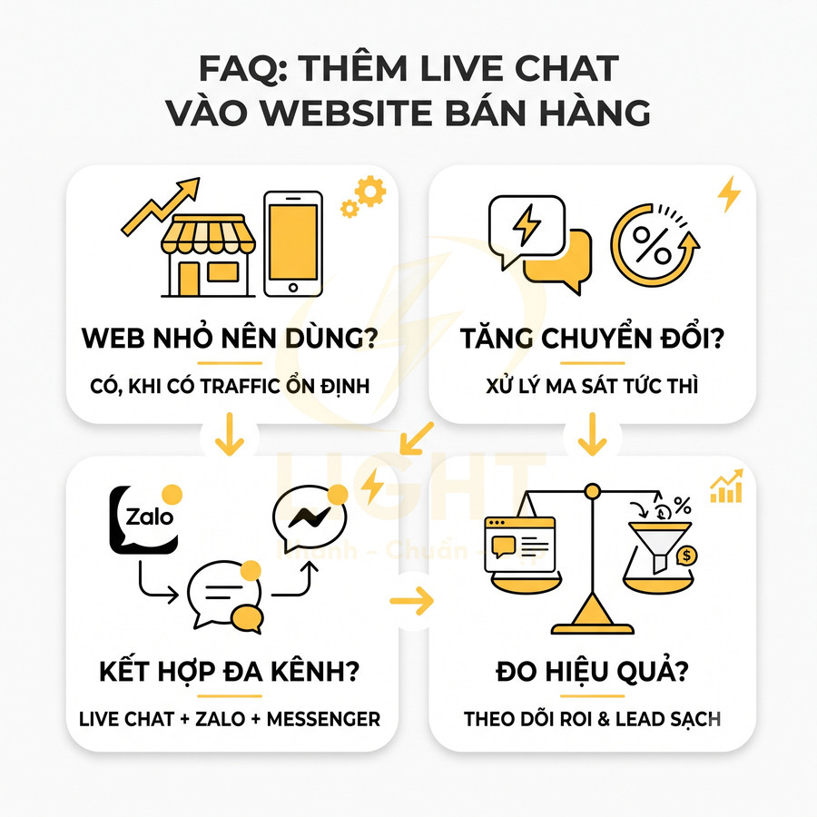 Infographic hướng dẫn thêm live chat vào website bán hàng, kết hợp Zalo và Messenger để tăng chuyển đổi và đo hiệu quả