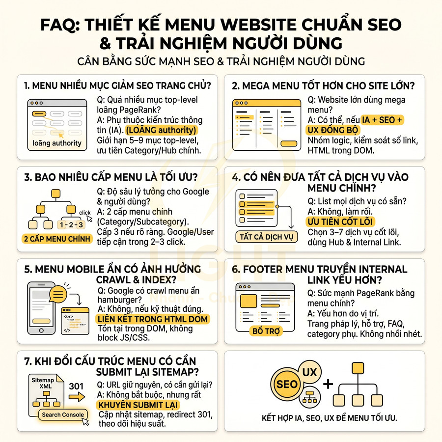 FAQ hướng dẫn thiết kế menu website chuẩn SEO và tối ưu trải nghiệm người dùng bằng sơ đồ minh họa chi tiết