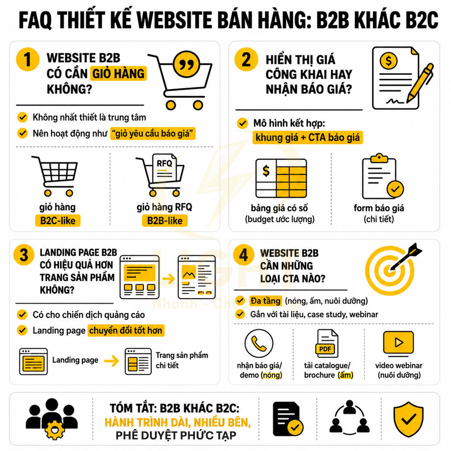 Infographic FAQ thiết kế website bán hàng B2B khác B2C, so sánh giỏ hàng, báo giá, landing page và CTA
