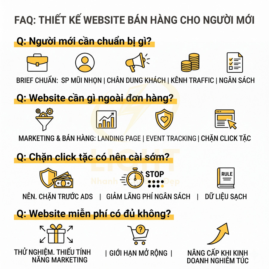 FAQ thiết kế website bán hàng cho người mới với các câu hỏi chuẩn bị, marketing, chặn click tặc và dùng website miễn phí