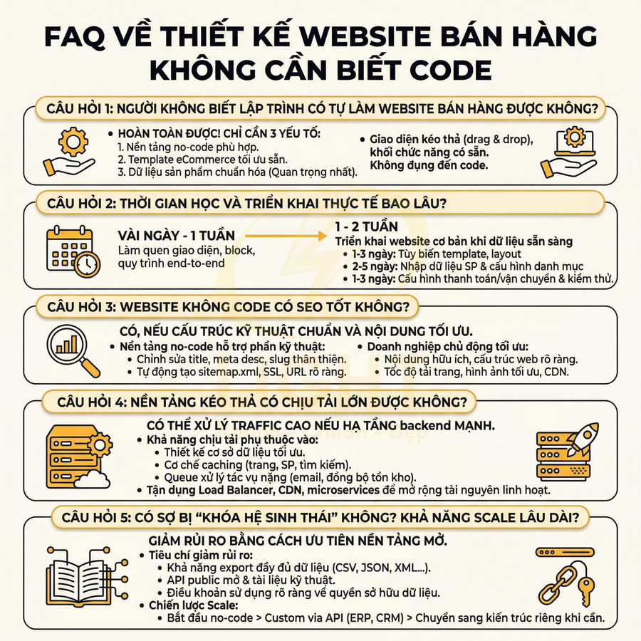 FAQ thiết kế website bán hàng không cần biết code, giải đáp về no code, SEO, thời gian triển khai và khả năng mở rộng