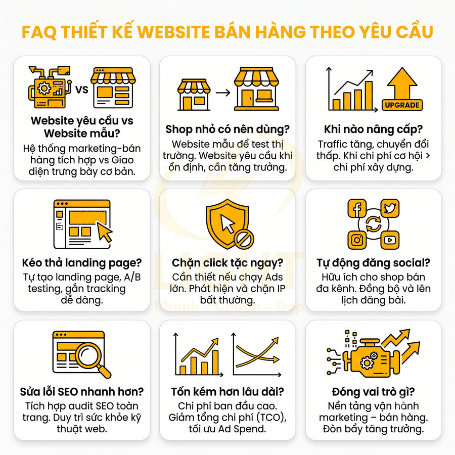 FAQ thiết kế website bán hàng theo yêu cầu với các lợi ích về SEO, landing page, social và tối ưu chi phí