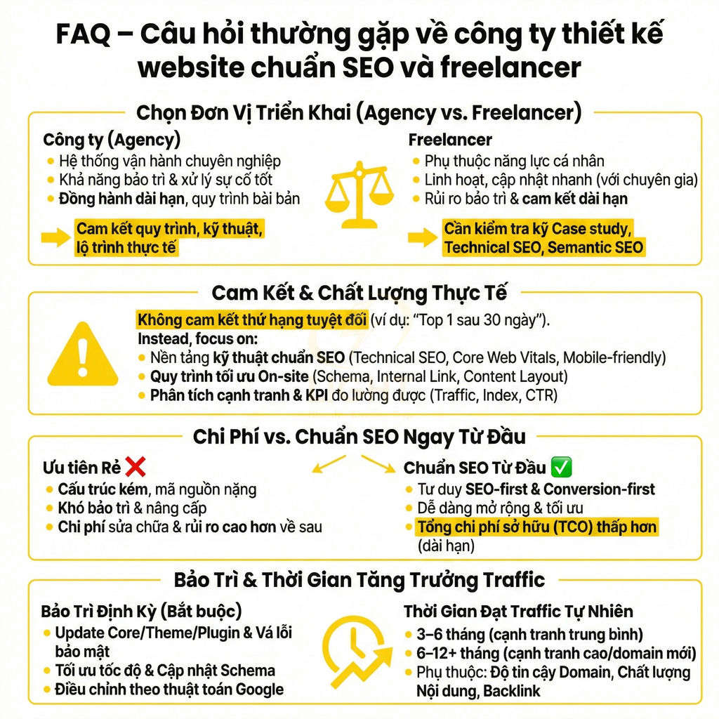 FAQ so sánh công ty thiết kế website chuẩn SEO và freelancer, cam kết chất lượng, chi phí, bảo trì và tăng trưởng traffic