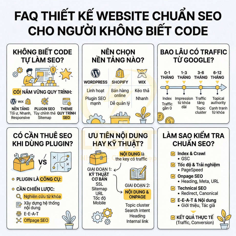 FAQ thiết kế website chuẩn SEO cho người không biết code với hướng dẫn nền tảng, nội dung, kỹ thuật và kiểm tra SEO