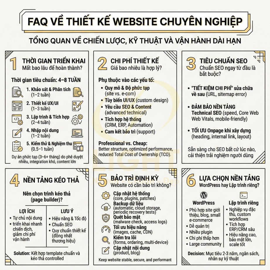 Infographic FAQ về thiết kế website chuyên nghiệp, trình bày thời gian triển khai, chi phí, SEO và bảo trì định kỳ