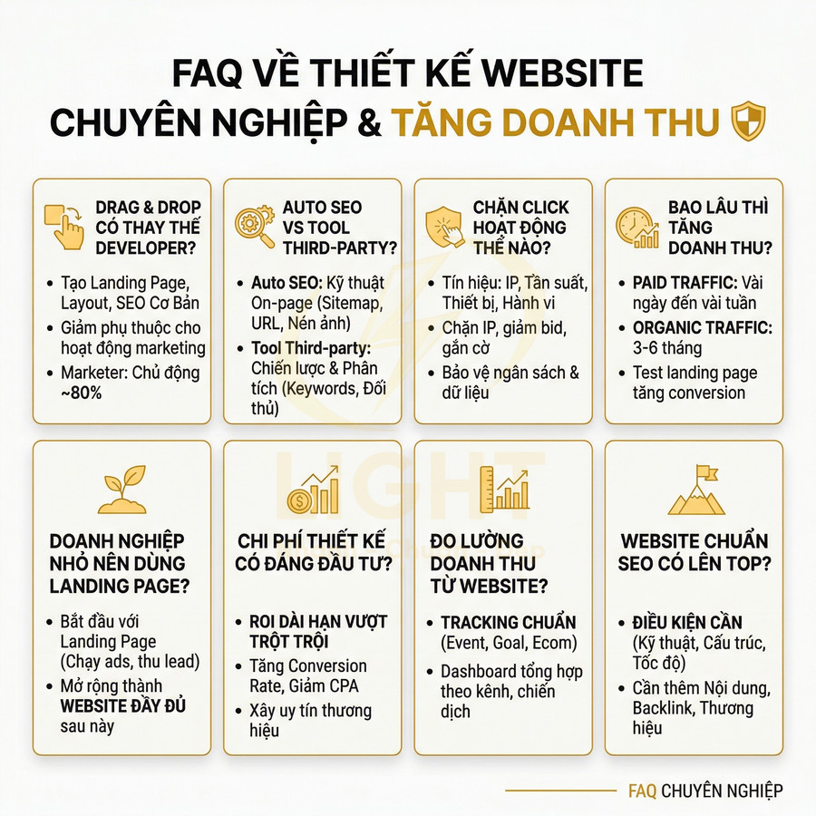 FAQ về thiết kế website chuyên nghiệp và tăng doanh thu, giải đáp các câu hỏi về SEO, landing page, chi phí và đo lường hiệu quả