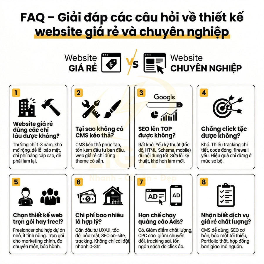 FAQ so sánh thiết kế website giá rẻ và website chuyên nghiệp, giải đáp 8 câu hỏi về chi phí, SEO, bảo mật, quảng cáo