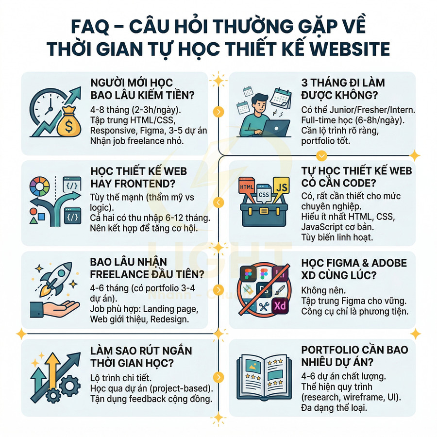 FAQ thời gian tự học thiết kế website với lộ trình, kỹ năng cần học, thời gian kiếm tiền và xây dựng portfolio