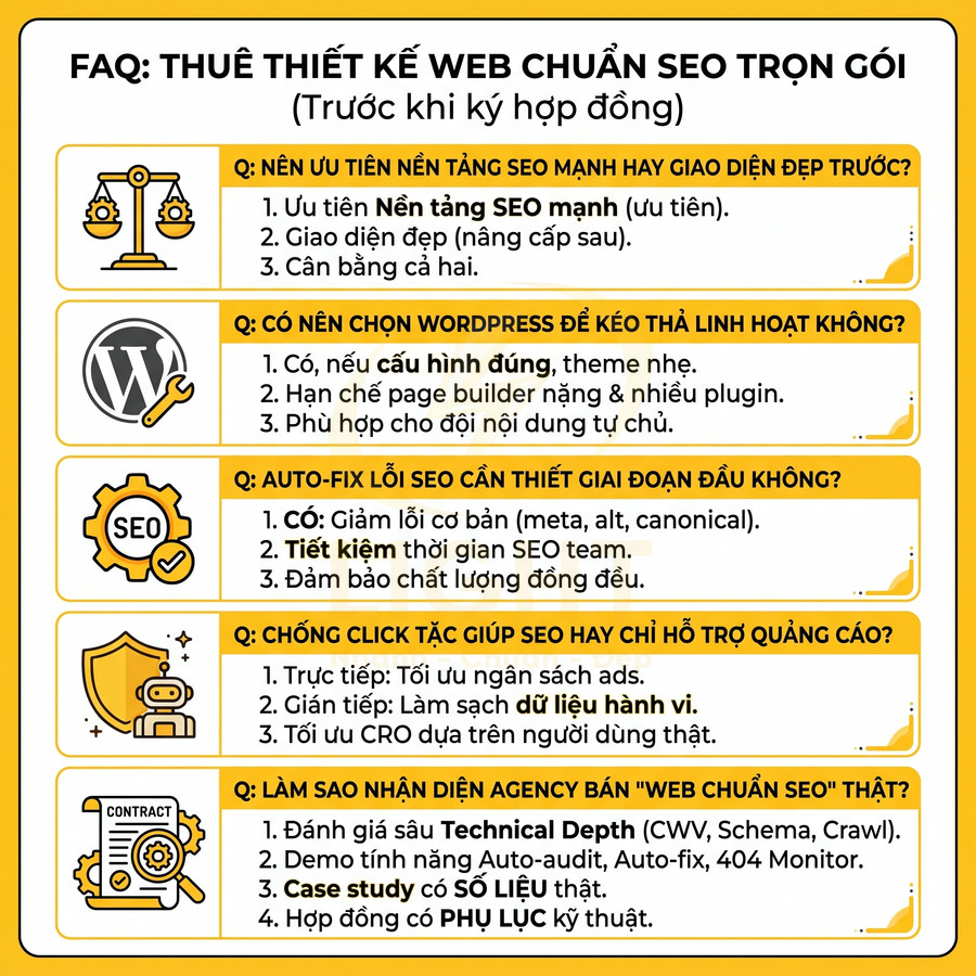 FAQ thuê thiết kế web chuẩn SEO trọn gói với các câu hỏi về nền tảng, WordPress, auto fix lỗi, chống click tặc và chọn agency