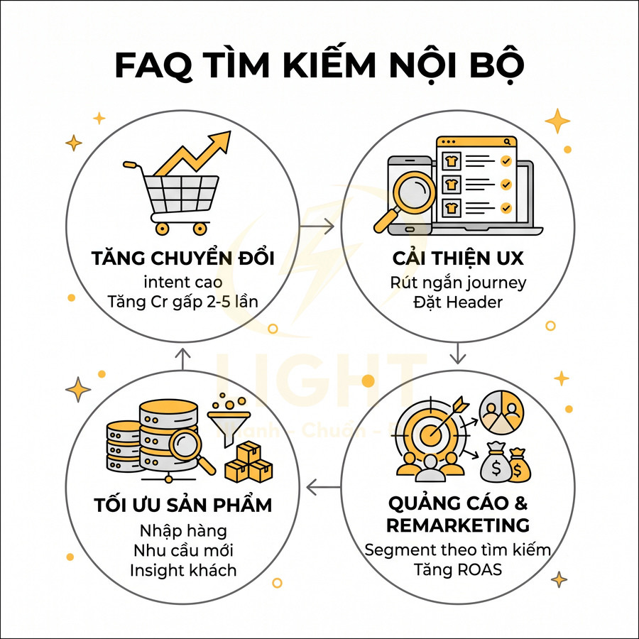 FAQ tìm kiếm nội bộ với bốn lợi ích tăng chuyển đổi, cải thiện UX, tối ưu sản phẩm, quảng cáo và remarketing