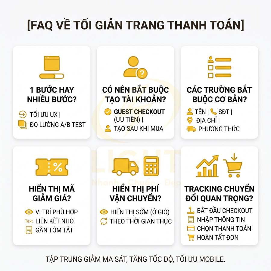 FAQ tối giản trang thanh toán với các gợi ý về bước checkout, tài khoản, trường bắt buộc, mã giảm giá, phí vận chuyển