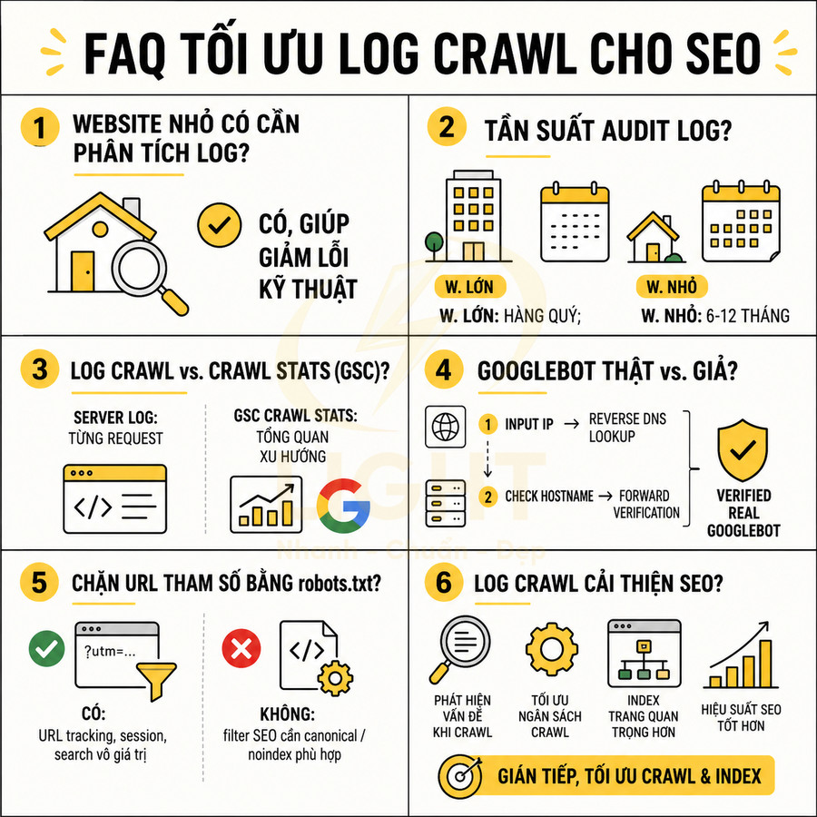 Infographic FAQ tối ưu log crawl cho SEO với 6 mục hướng dẫn phân tích log và cải thiện crawl index