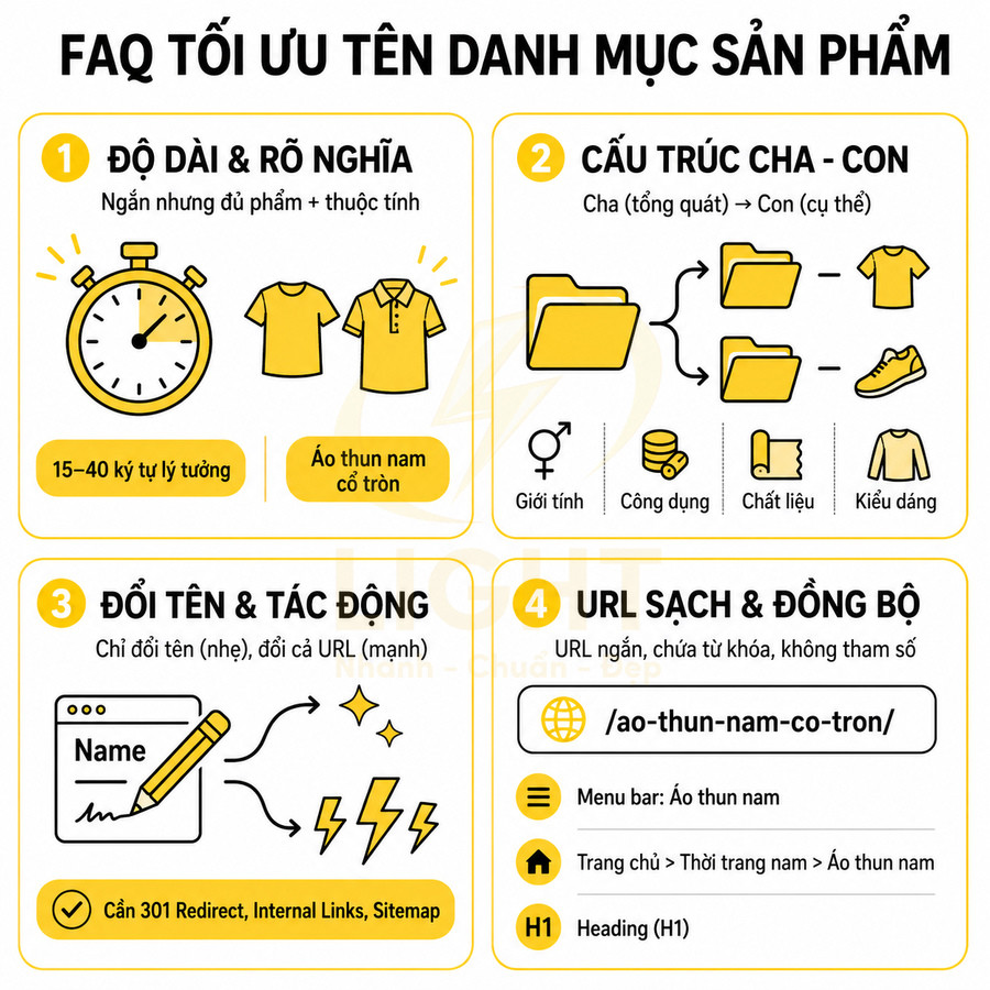 Hướng dẫn tối ưu tên danh mục sản phẩm thời trang với ví dụ áo thun nam cổ tròn và cấu trúc URL chuẩn SEO