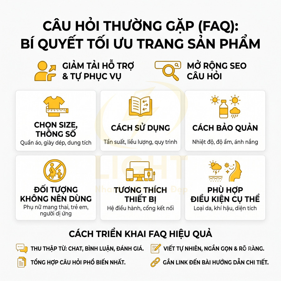 Hướng dẫn tối ưu trang sản phẩm với mục FAQ, tập trung chọn size, cách dùng, bảo quản và đối tượng sử dụng