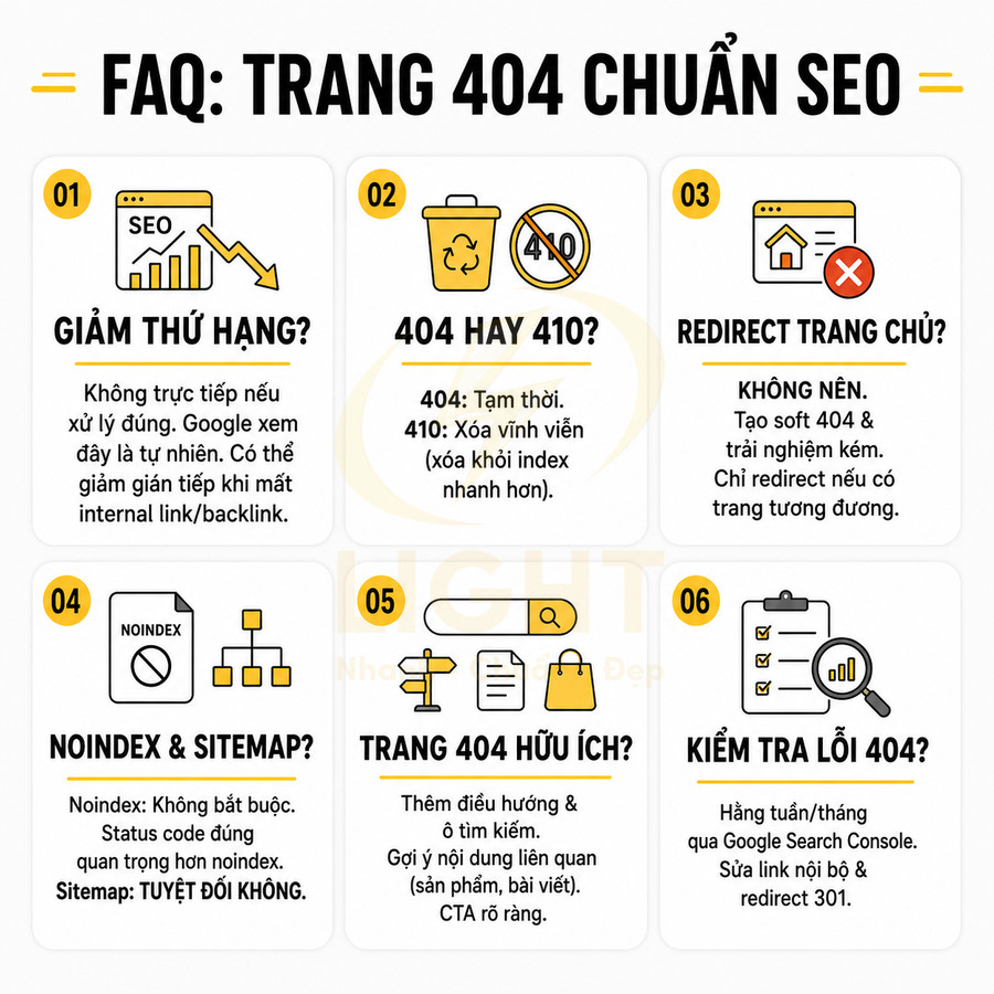 Infographic hướng dẫn tối ưu trang lỗi 404 chuẩn SEO với các lưu ý về redirect, noindex, sitemap và kiểm tra lỗi