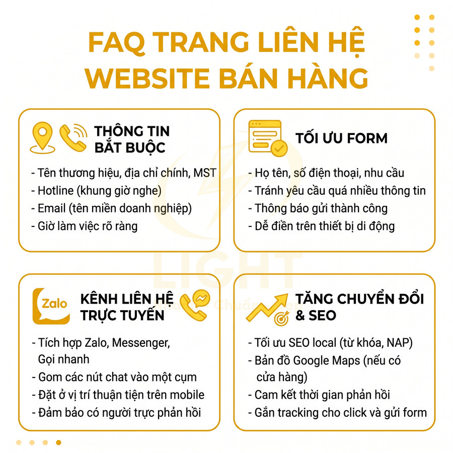 FAQ hướng dẫn tối ưu trang liên hệ website bán hàng với thông tin bắt buộc, form, kênh liên hệ và mẹo tăng chuyển đổi