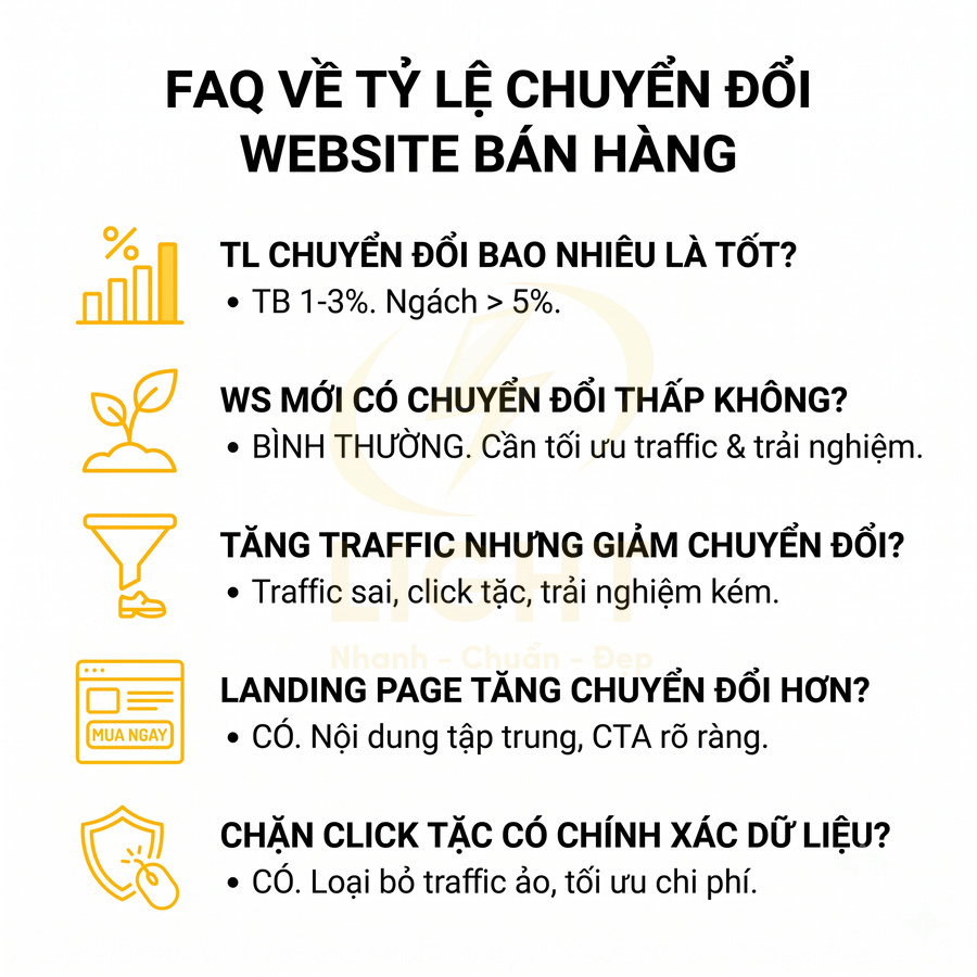 FAQ về tỷ lệ chuyển đổi website bán hàng với giải đáp về traffic, landing page và chặn click tặc