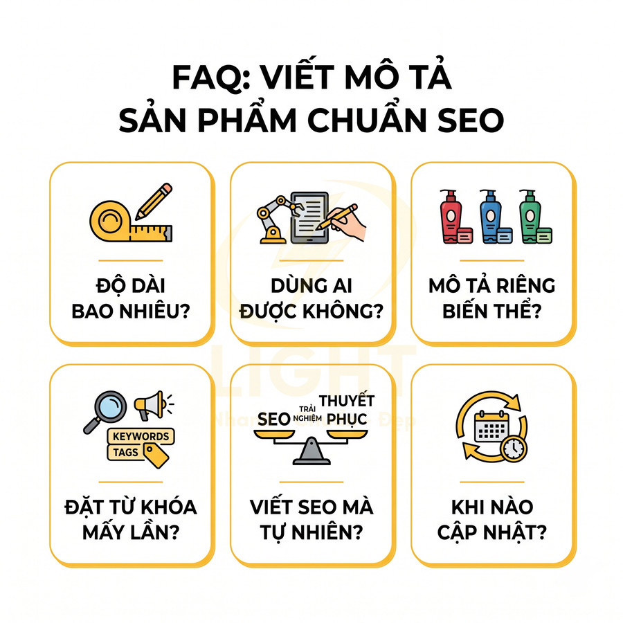 Hướng dẫn FAQ viết mô tả sản phẩm chuẩn SEO với các câu hỏi về độ dài, từ khóa, biến thể và cập nhật nội dung