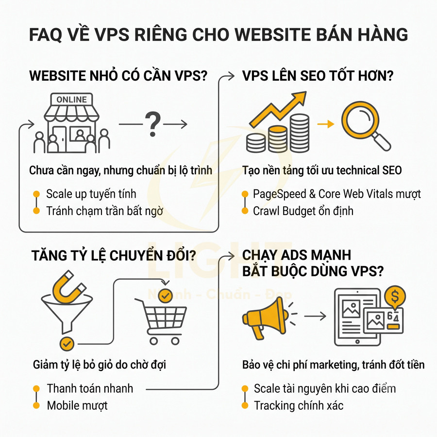 Infographic FAQ về VPS riêng cho website bán hàng, lợi ích cho SEO, chuyển đổi và chạy quảng cáo online