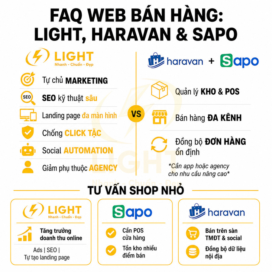 So sánh giải pháp web bán hàng Light với nền tảng Haravan và Sapo cho shop nhỏ