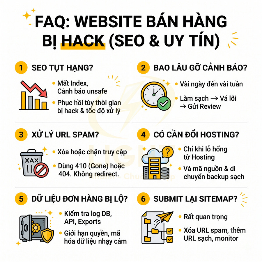 FAQ xử lý website bán hàng bị hack, hướng dẫn khắc phục SEO, URL spam, dữ liệu đơn hàng và submit lại sitemap