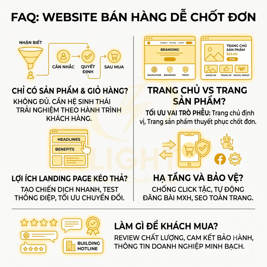 Infographic hướng dẫn tối ưu website bán hàng dễ chốt đơn với landing page, trang sản phẩm, hạ tầng và review khách hàng