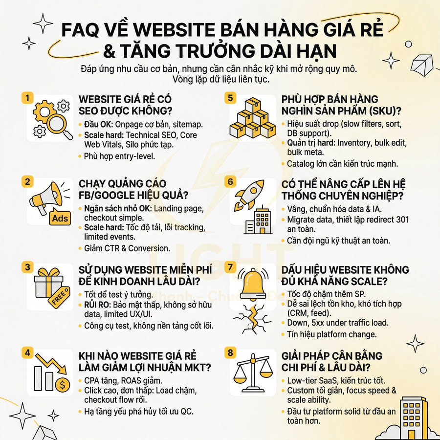 FAQ về website bán hàng giá rẻ và giải pháp tăng trưởng dài hạn, tối ưu SEO, quảng cáo và khả năng scale hệ thống