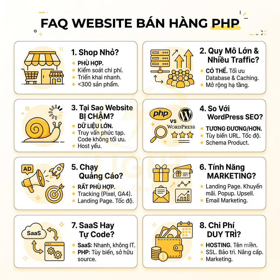 FAQ website bán hàng PHP trình bày ưu nhược điểm, tính năng marketing, quảng cáo, chi phí và so sánh với WordPress