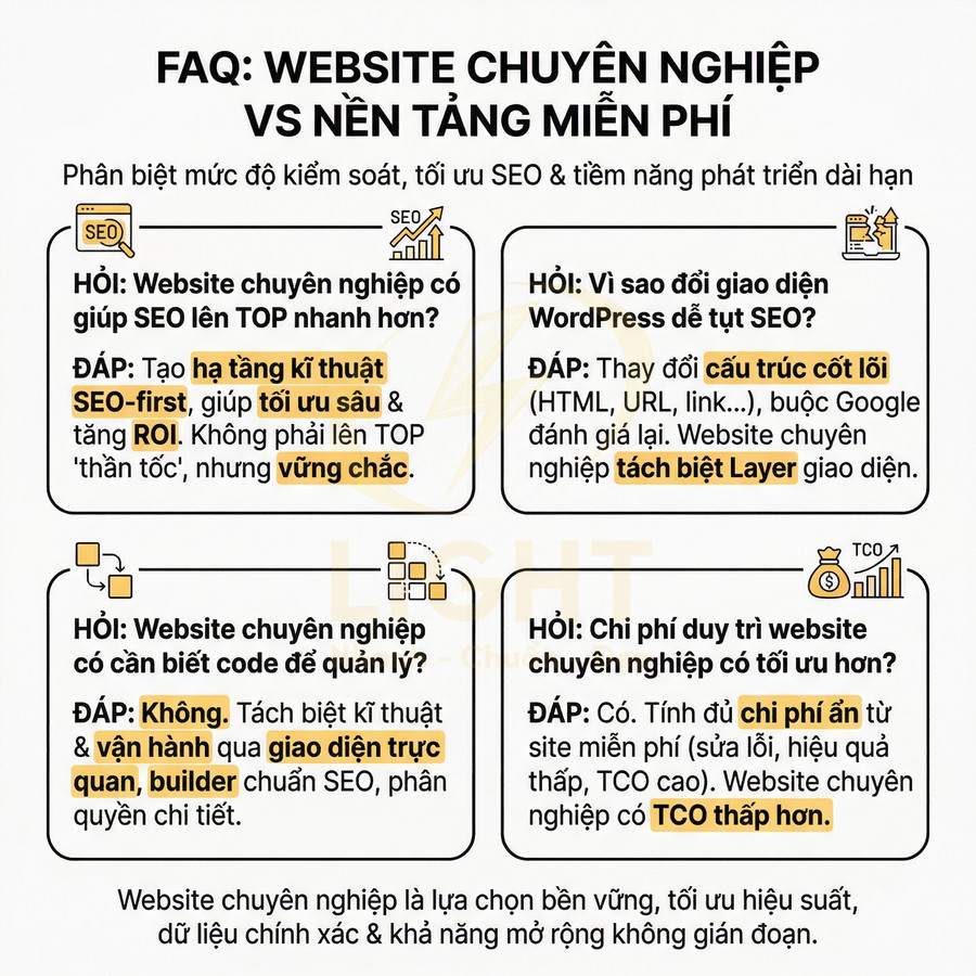 Infographic so sánh website chuyên nghiệp và nền tảng miễn phí về SEO, quản lý, chi phí và hiệu quả lâu dài