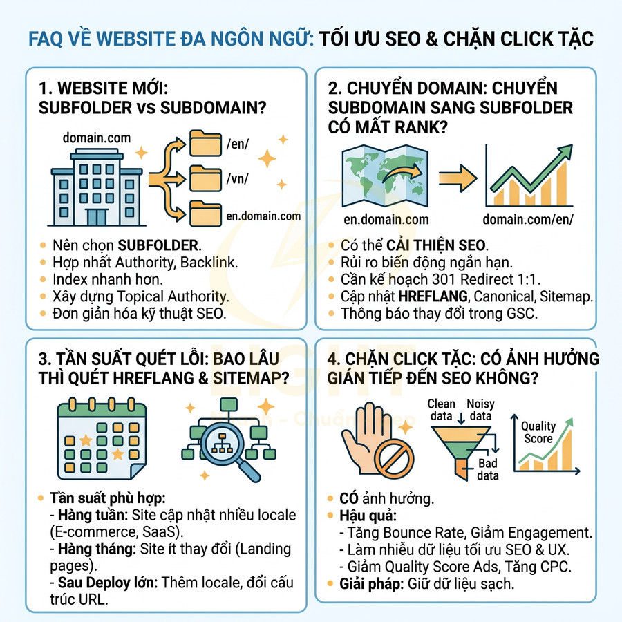 FAQ tối ưu SEO cho website đa ngôn ngữ với subfolder, subdomain, hreflang, sitemap và chặn click tặc
