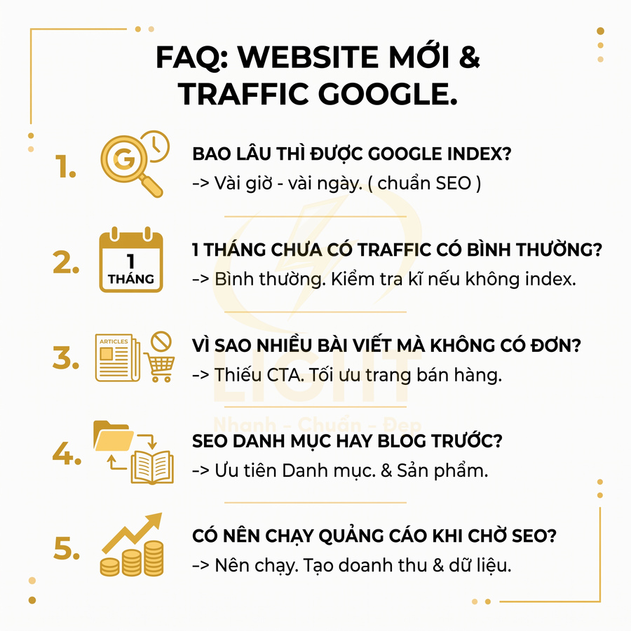 FAQ về website mới và traffic Google, giải đáp thời gian index, thiếu traffic, tối ưu CTA, SEO danh mục và chạy quảng cáo