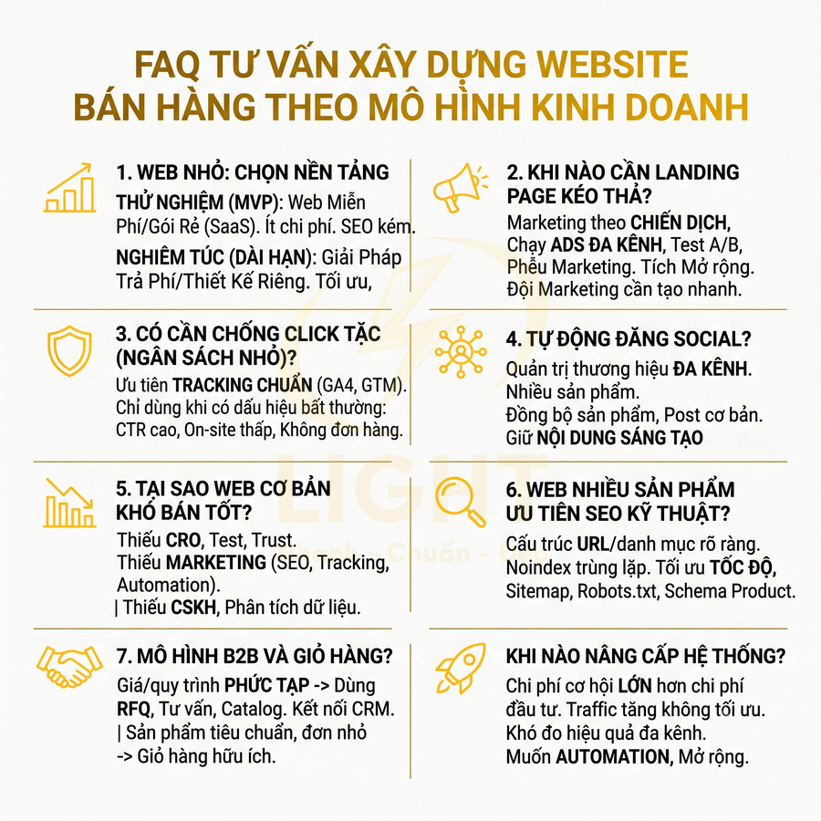 FAQ tư vấn xây dựng website bán hàng theo mô hình kinh doanh với 7 câu hỏi và gợi ý giải pháp SEO, marketing