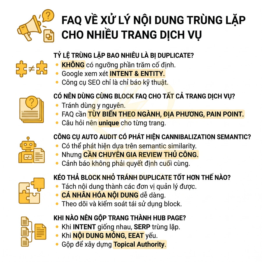 FAQ hướng dẫn xử lý nội dung trùng lặp cho nhiều trang dịch vụ trong chiến lược SEO
