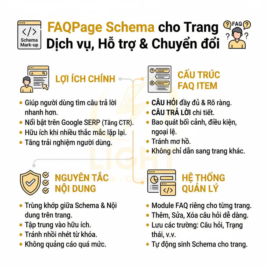 Hướng dẫn tối ưu FAQPage Schema cho trang dịch vụ hỗ trợ và chuyển đổi, nêu lợi ích cấu trúc và nguyên tắc nội dung