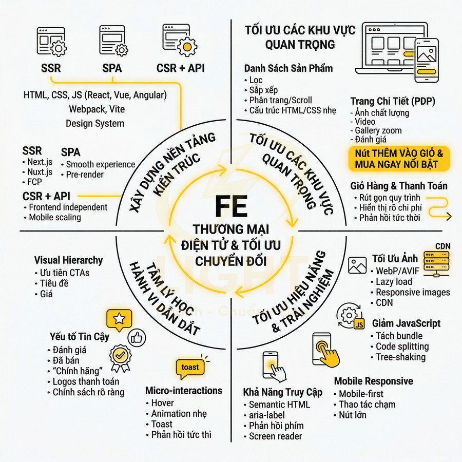 Sơ đồ tối ưu front end thương mại điện tử với kiến trúc SSR SPA CSR và các kỹ thuật tăng chuyển đổi