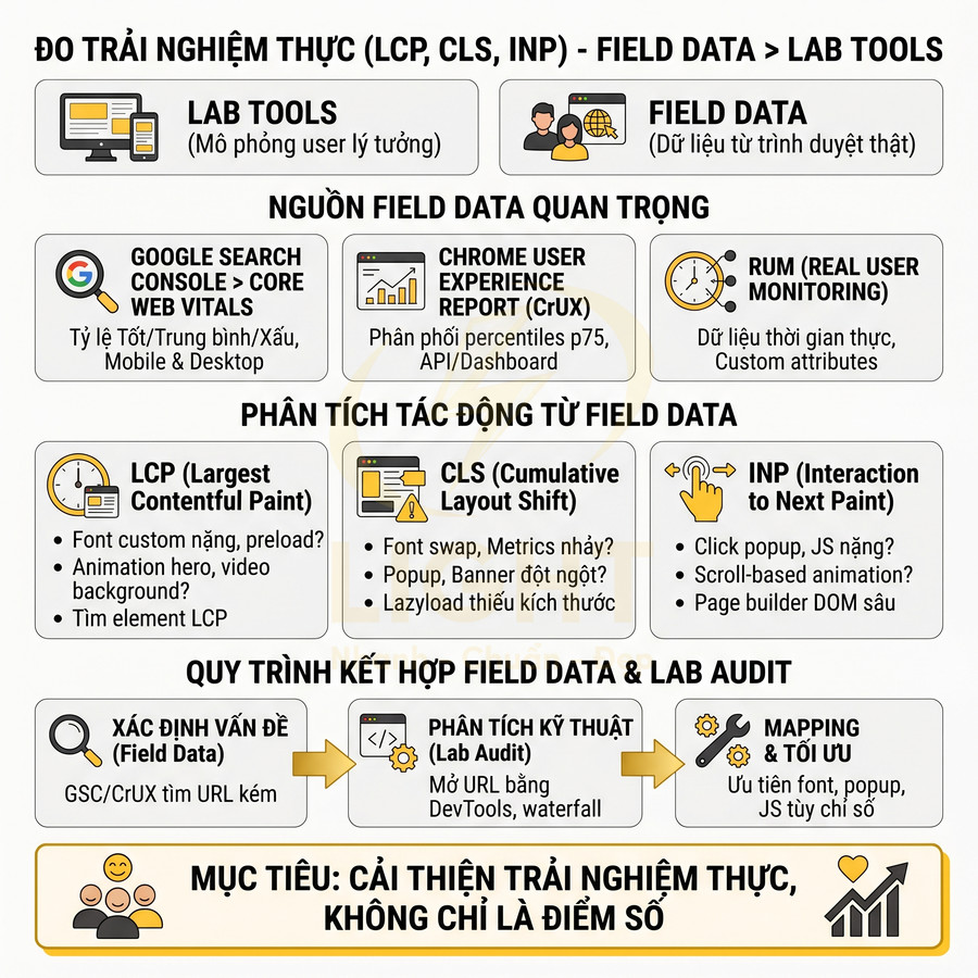 Infographic quy trình đo lường và tối ưu Core Web Vitals bằng field data và lab tools để cải thiện trải nghiệm người dùng