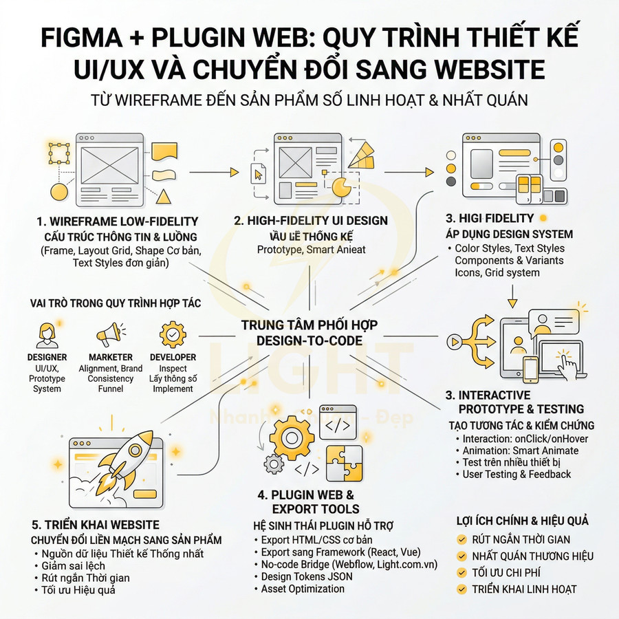 Quy trình thiết kế UI UX bằng Figma và plugin web từ wireframe đến triển khai website linh hoạt