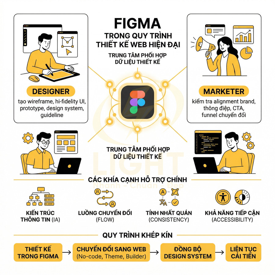 Infographic quy trình thiết kế web hiện đại với Figma làm trung tâm phối hợp dữ liệu thiết kế