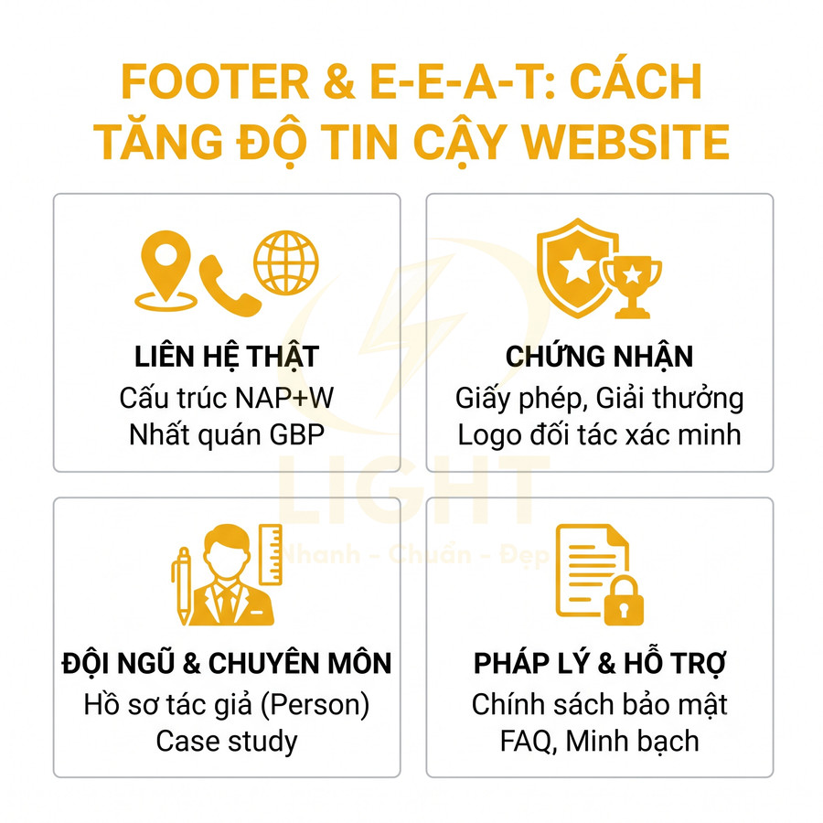 Footer và E-E-A-T cách tăng độ tin cậy website với liên hệ thật, chứng nhận, đội ngũ chuyên môn, pháp lý và hỗ trợ