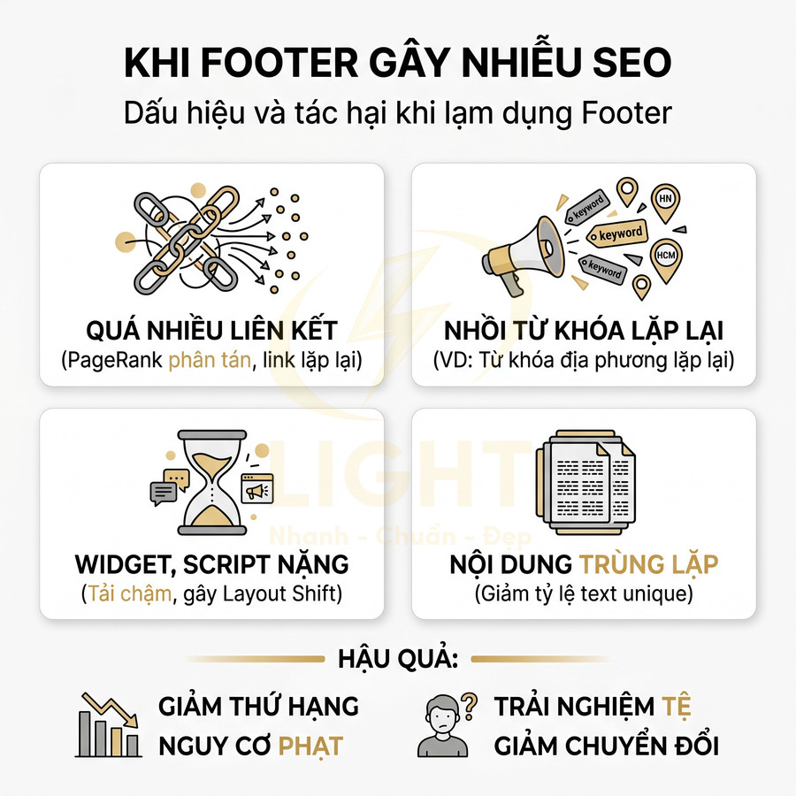 Các lỗi tối ưu footer website gây hại SEO như quá nhiều liên kết, nhồi từ khóa, widget nặng, nội dung trùng lặp