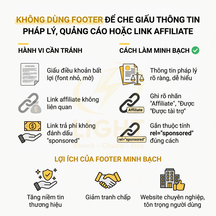 Hướng dẫn dùng footer minh bạch, không che giấu thông tin pháp lý, quảng cáo, link affiliate và lợi ích cho thương hiệu