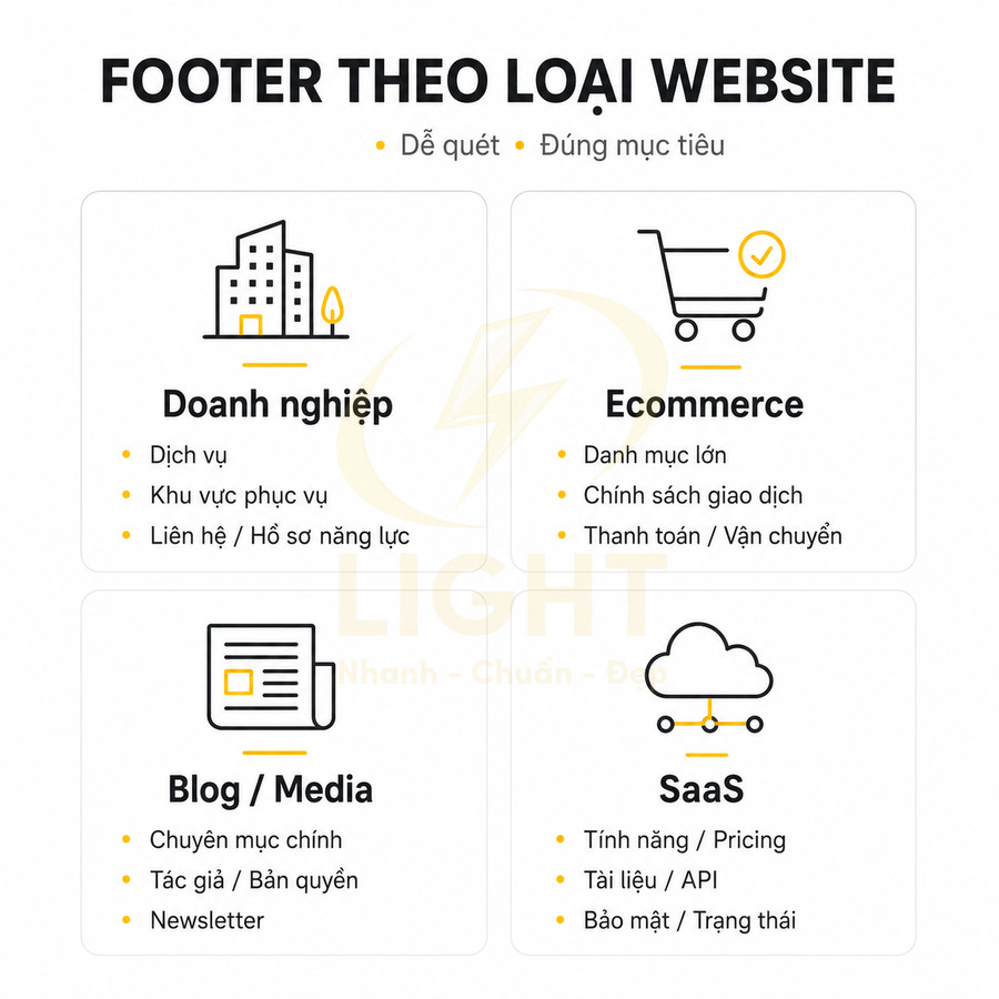 Hướng dẫn thiết kế footer theo loại website doanh nghiệp ecommerce blog media và SaaS với các mục nội dung gợi ý