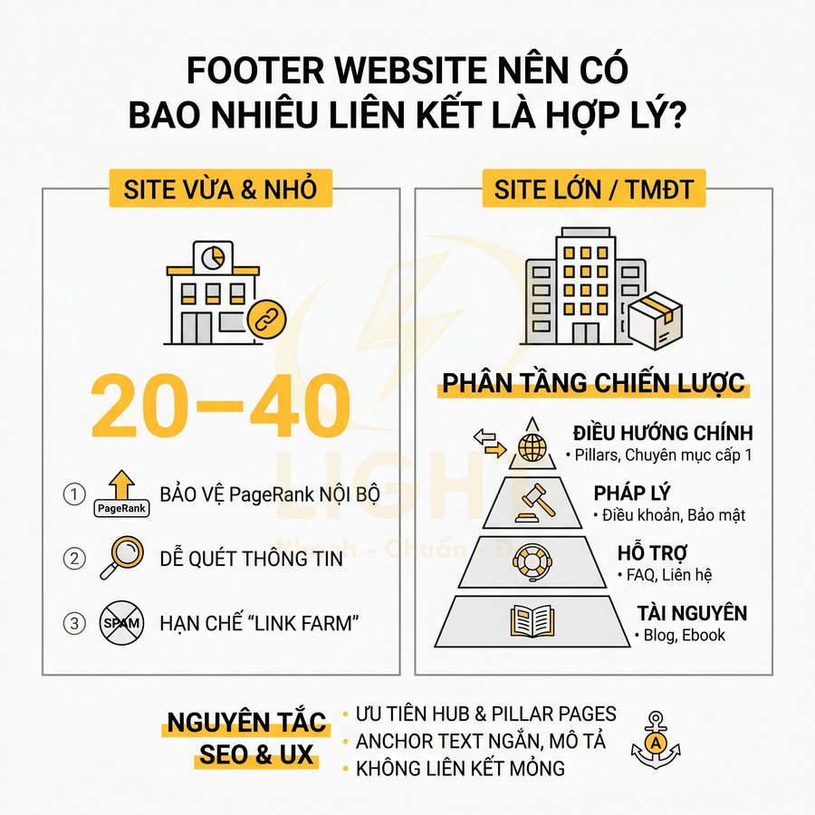Infographic hướng dẫn số lượng liên kết footer hợp lý cho website nhỏ và website lớn chuẩn SEO UX