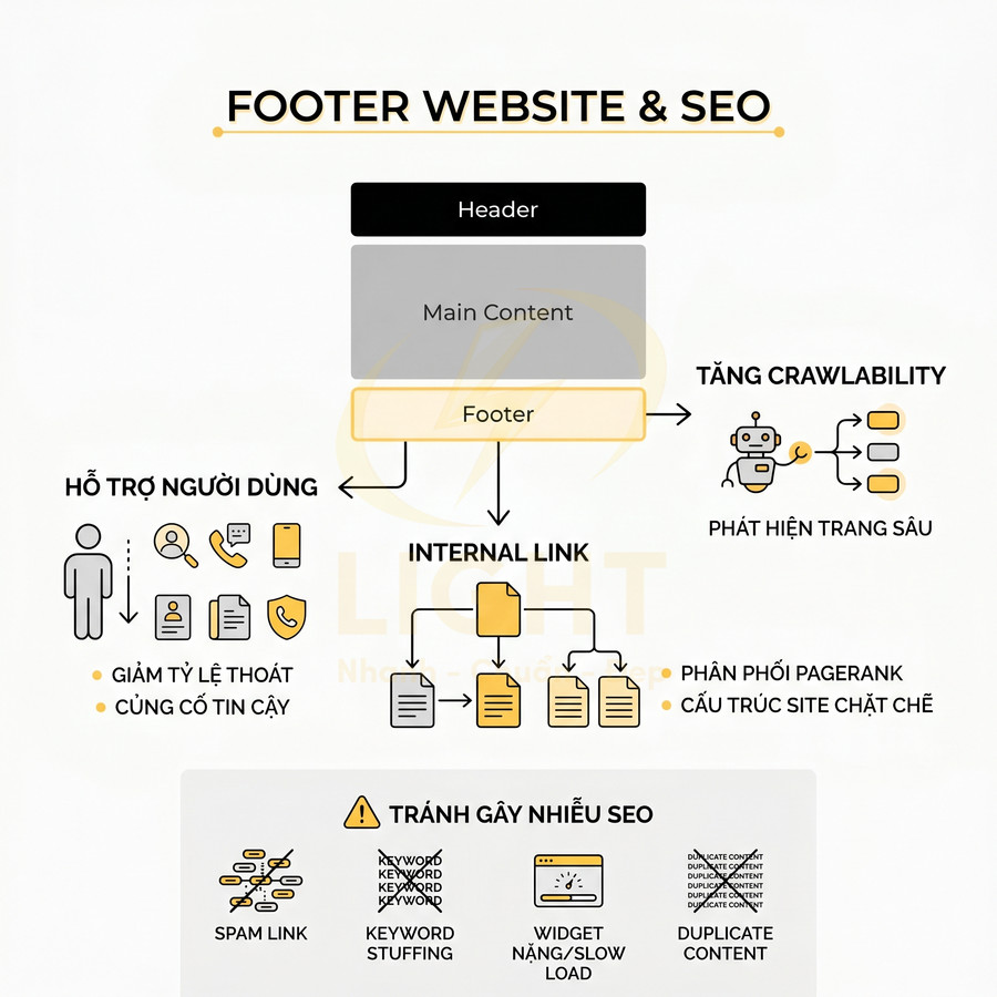 Sơ đồ vai trò của footer website trong SEO, tăng crawlability, hỗ trợ người dùng và phân phối internal link