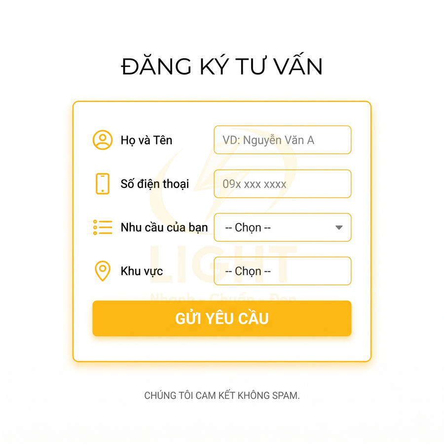 Form đăng ký tư vấn với các trường họ tên, số điện thoại, nhu cầu, khu vực và nút gửi yêu cầu màu vàng