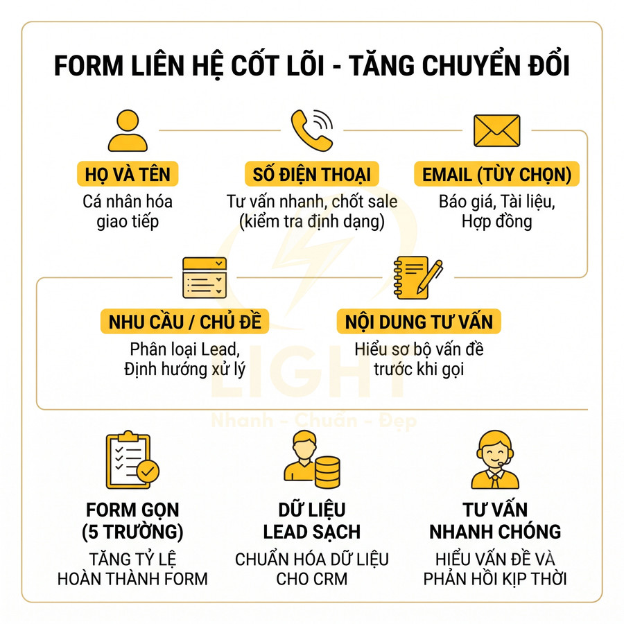 Mẫu form liên hệ cốt lõi với 5 trường thông tin giúp phân loại lead và tăng tỷ lệ chuyển đổi marketing