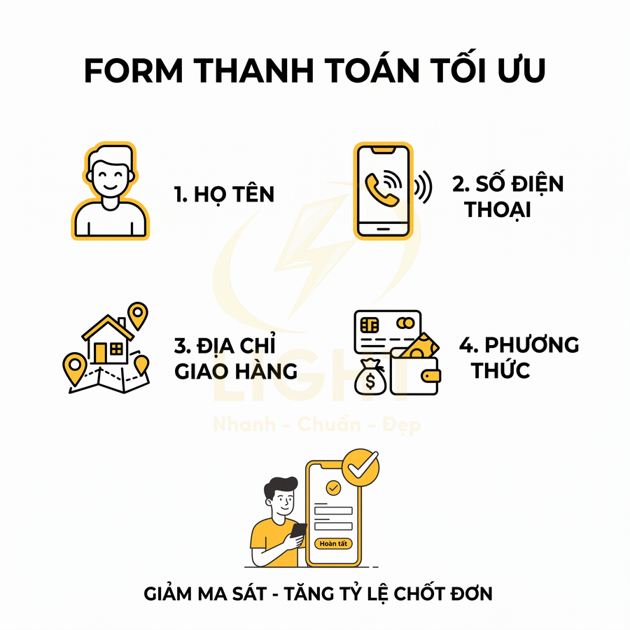 Form thanh toán tối ưu với các trường họ tên, số điện thoại, địa chỉ giao hàng và phương thức thanh toán