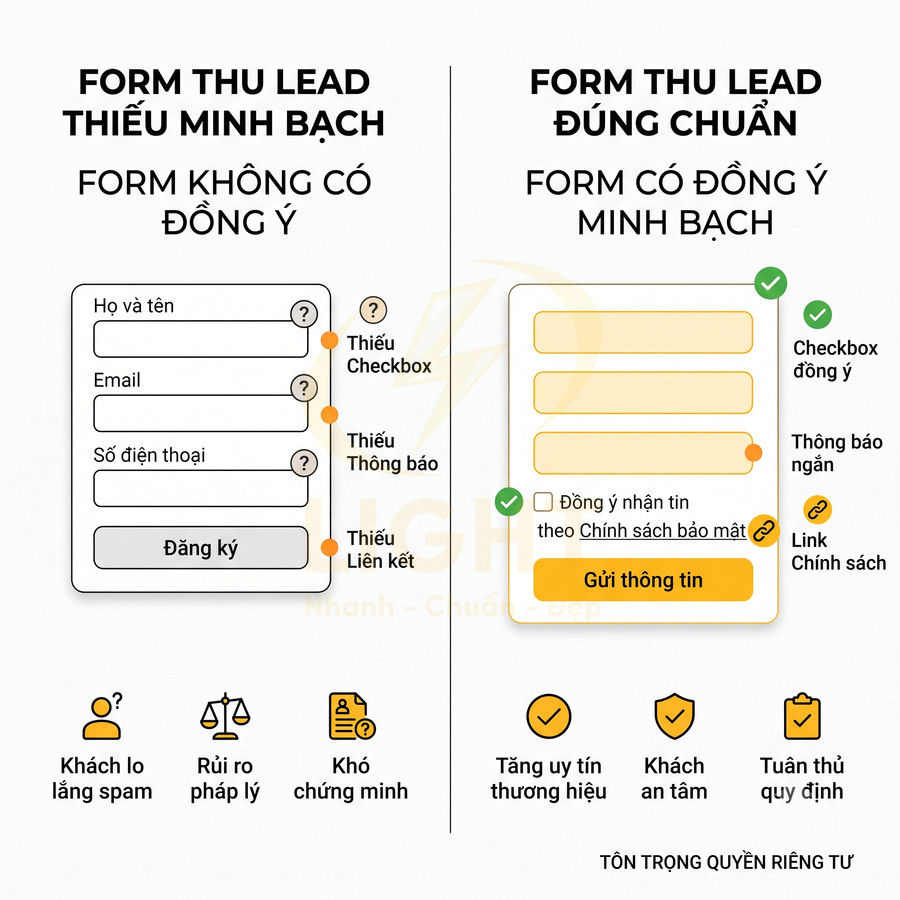 So sánh form thu lead thiếu minh bạch và form chuẩn có checkbox đồng ý, thông báo và link chính sách bảo mật